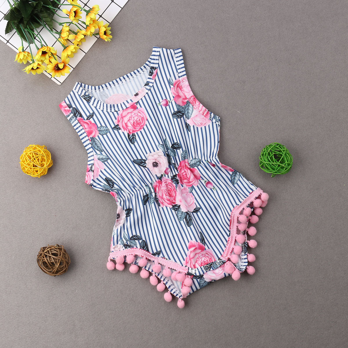 Rose Print Summer Stripe PomPom Romper