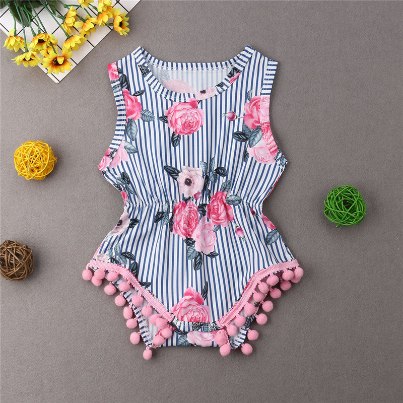 Rose Print Summer Stripe PomPom Romper