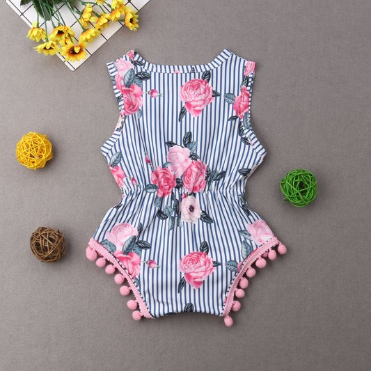 Rose Print Summer Stripe PomPom Romper