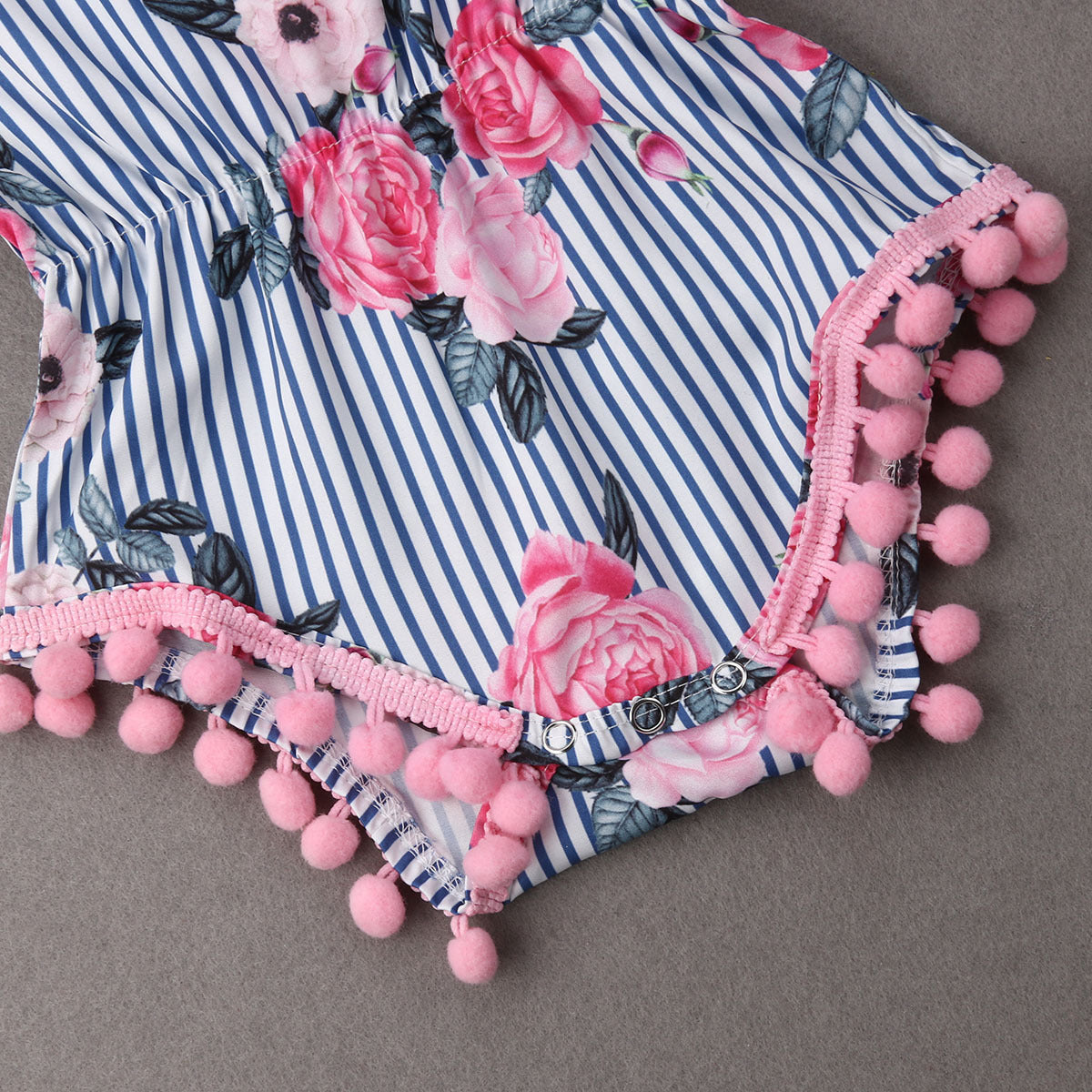 Rose Print Summer Stripe PomPom Romper
